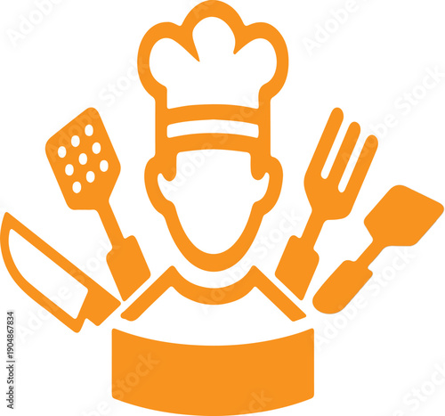 Orange Outline Chef Logo with Kitchen Utensils