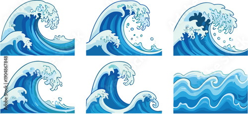 Collection of stylized blue ocean waves vector illustrations featuring dynamic sea surf shapes for marine themed design backgrounds and graphics
