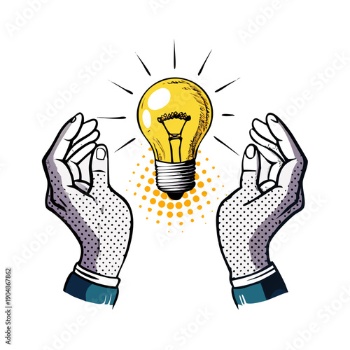 Hands cradling a glowing lightbulb with creative idea