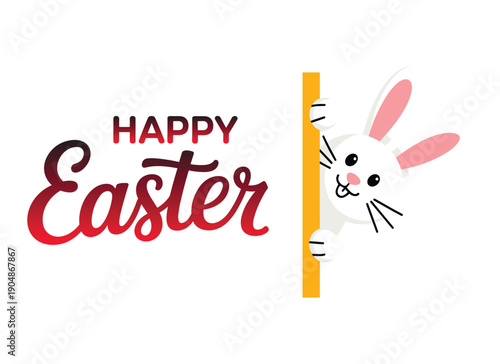 Happy Easter text rabbit. Cute white bunny peeking from behind a yellow pole.