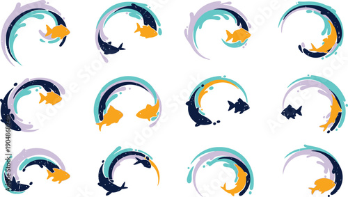 Swimming fish in swirling water splashes abstract colorful motion dynamic