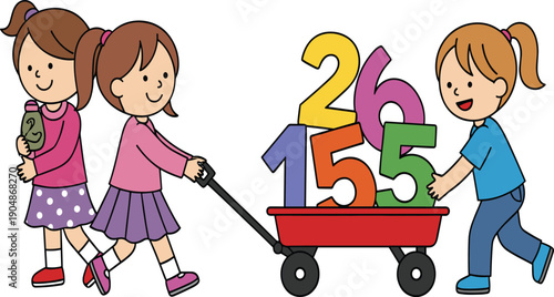 Cute cartoon children learning numbers vector illustration with kids playing and colorful math education elements
