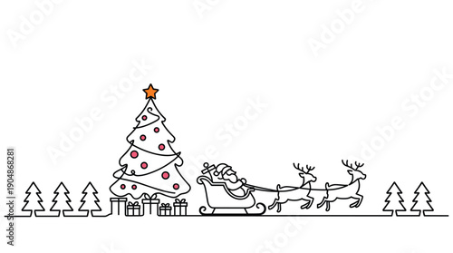 Santa Claus in a sleigh pulled by reindeer with a Christmas tree and gifts.