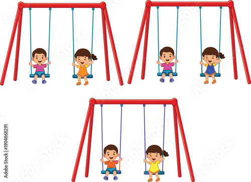 Cute cartoon children playing on playground swings colorful vector illustration showing happy kids enjoying outdoor fun activity