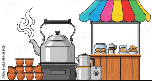 Traditional indian street tea stall with large kettle, stacked cups, snacks, and colorful striped awning artwork