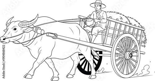 Traditional line art illustration of farmer driving water buffalo cart through rural field for agricultural heritage