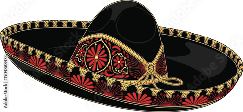 Traditional mexican charro sombrero hat with intricate red and gold embroidery, cultural attire