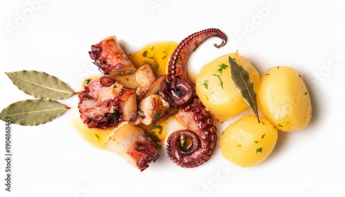 Octopus a lagareiro with roasted potatoes and bay leaf