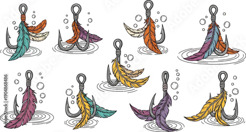 Triple fishing hooks decorated with colorful feathers and water bubbles in vintage hand drawn illustrative line style