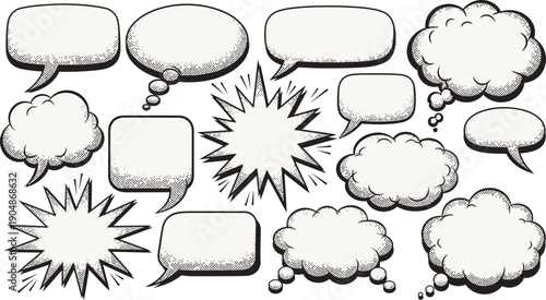 Comic speech bubbles and text clouds for creative storytelling and cartoon illustration