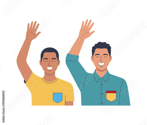 Two smiling men waving hello with their hands raised in a friendly gesture people greeting.