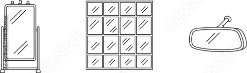 Mirror icon set with standing mirror wall mirror tiles and car rearview symbols outline vector collection