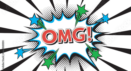 Vibrant comic style omg explosion graphic with stars and rays