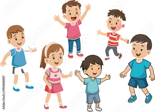 Happy cartoon children playing together in group, cute boys and girls characters illustration, cheerful kids activity vector design