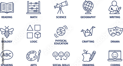 School subjects education icon set with reading math science arts coding learning symbols outline vector collection