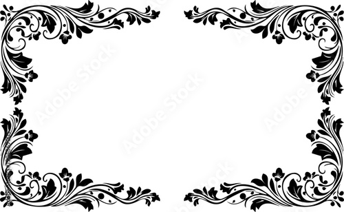 A beautiful black and white floral border design with intricate swirling patterns and leaves