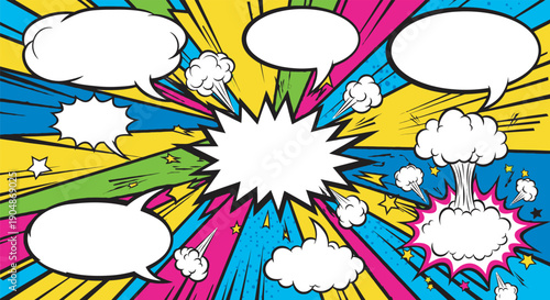 Vibrant comic book style speech bubbles explosion background