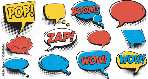 Vibrant comic book speech bubbles with pop boom zap wow comic strip elements