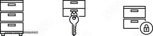 Secure storage cabinet icon set with locked drawers key access symbols outline vector collection for office web ui
