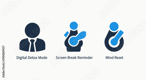Icons representing digital detox and mental well-being: user icon, screen break reminder, and mind reset symbols.