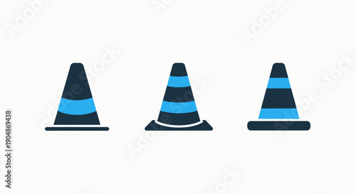 Three dark blue and light blue striped traffic cones arranged in a row, symbolizing safety, construction, or warning.