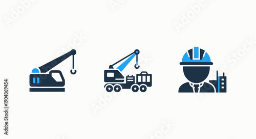 Construction and engineering icons: crane, truck, and worker with hard hat, representing building and development industries.