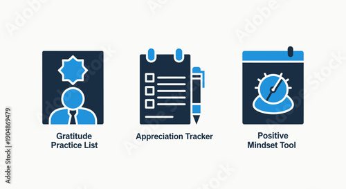 Icons focused on positive psychology: gratitude practice, appreciation tracker, and positive mindset tools for mental wellness.