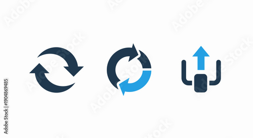 Icons symbolizing refresh, sync, and upload actions, representing data management, updates, and file operations.