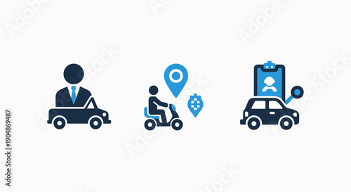 Icons for ride-sharing and delivery services: driver, scooter delivery, and car with order, representing logistics and transport.