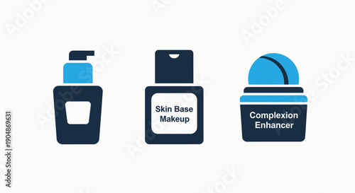 Cosmetic product icons for skin base makeup and complexion enhancer, representing beauty, skincare, and personal care routines.