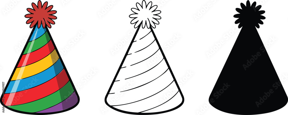 Obraz premium Birthday or party hat silhouette & Outline and illustration set isolated on transparent background