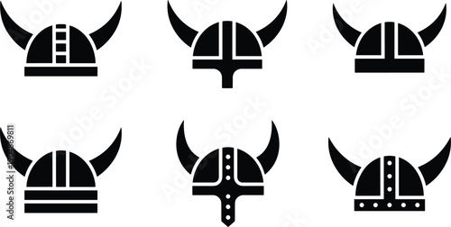 Viking helmet icon set with horned nordic warrior helmets minimalist solid vector collection for logos games