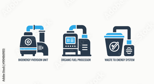 Renewable Energy Process Icons: Bioenergy Conversion Unit, Organic Fuel Processor, and Waste-to-Energy System
