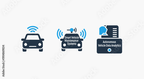 Smart vehicle technology icons: connected cars, autonomous driving, vehicle maintenance, data analytics, IoT, smart city, transportation, future, innovation, technology, automotive, network, wireless