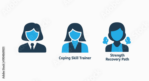 Mental health and therapy icons: person icon, coping skill trainer, strength recovery path, psychology, mental wellness, support, counseling, healing, resilience, personal growth, wellbeing