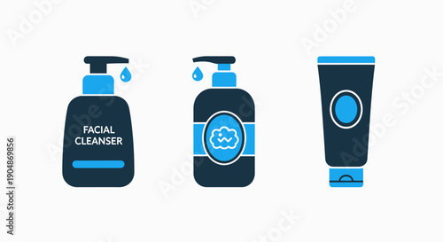Skincare and beauty product icons: facial cleanser, skin hydration, beauty lotion, cosmetic, hygiene, personal care, health, freshness, clean, smooth, radiant, soft, moisturizing