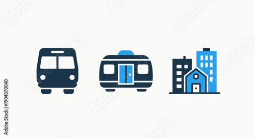 Icons of a bus, a modern train carriage, and city buildings, representing public transportation, urban infrastructure, and city living.