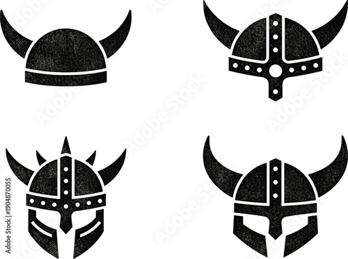 Viking helmet icon set with nordic warrior horned helmets vintage textured vector collection design illustration symbols medieval scandinavian