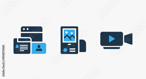 Digital Media Icons: Profile, Image Display, and Video Camera for Web and App Design