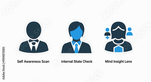 Mind and Self-Awareness Icons: Scanning, State Check, and Insight for Psychology and HR