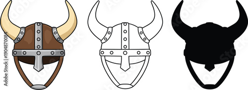 Viking helmet illustration set with colored outline and solid horned nordic warrior helmets vector collection
