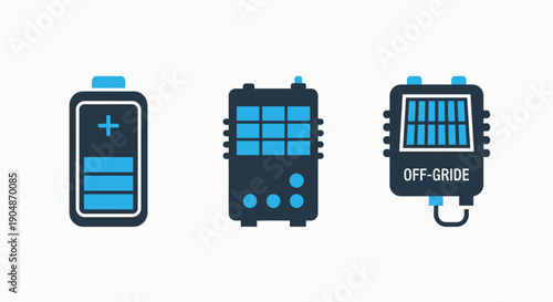 Energy and Power Icons: Battery, Generator, and Off-Grid Solar for Renewable Resources