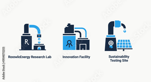 Icons representing renewable energy research, innovation facility, and sustainability testing site