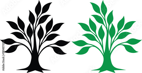 Minimalist vector illustration of black and green leafy trees symbolizing growth and nature balance