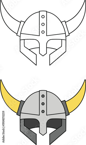Viking helmet illustration set with outline and colored horned nordic warrior helmets vector design for games logos