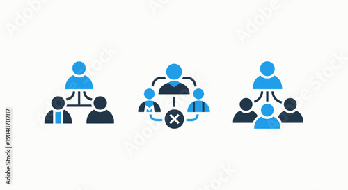 Organizational chart icons showing team hierarchy, group collaboration, and removal from a group