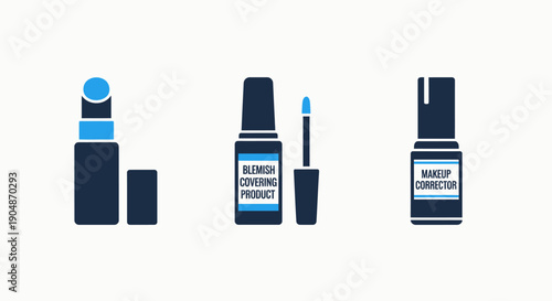 Beauty Product Icons: Lipstick, Blemish Corrector, and Makeup Applicator for Cosmetic and Beauty Industry