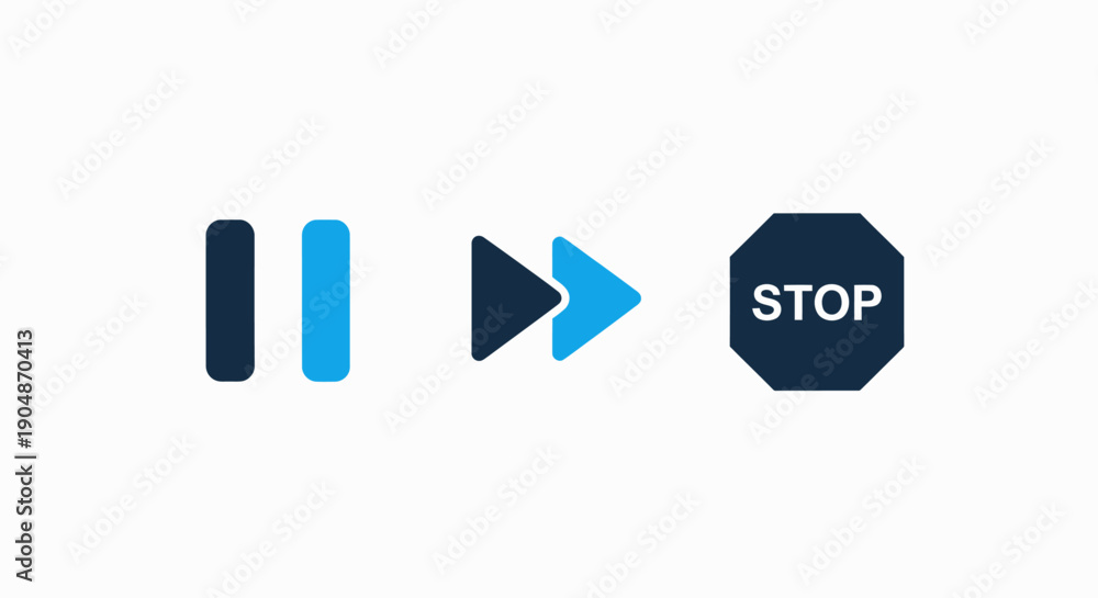 Fototapeta premium Media player control icons: pause, fast forward, and stop button in a modern flat style.