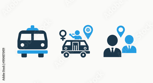 Icons representing transportation and navigation: a taxi or train, a car with a route pin, and people with location markers.