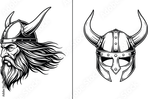 Viking warrior head and helmet illustration set with horned nordic design detailed black vector artwork